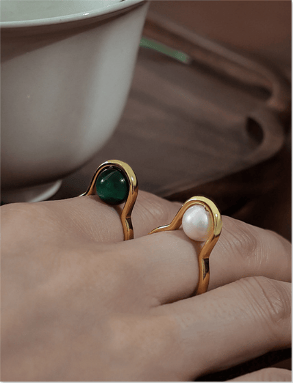 Retro Minority Minimalist Style Shell Pearls Opal Glossy Titanium Steel Ring Bracelet