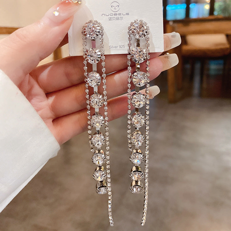 Full Diamond Long Fringe Earrings European And American Fashion Cool High-profile Earrings