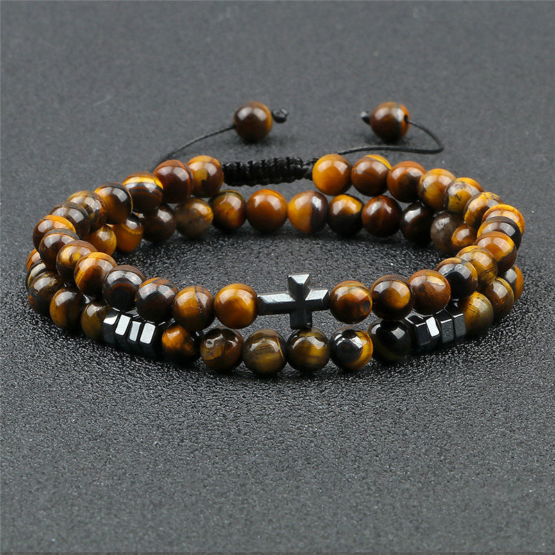 Cross Pendant Tiger Eye Stone Beaded Bracelet