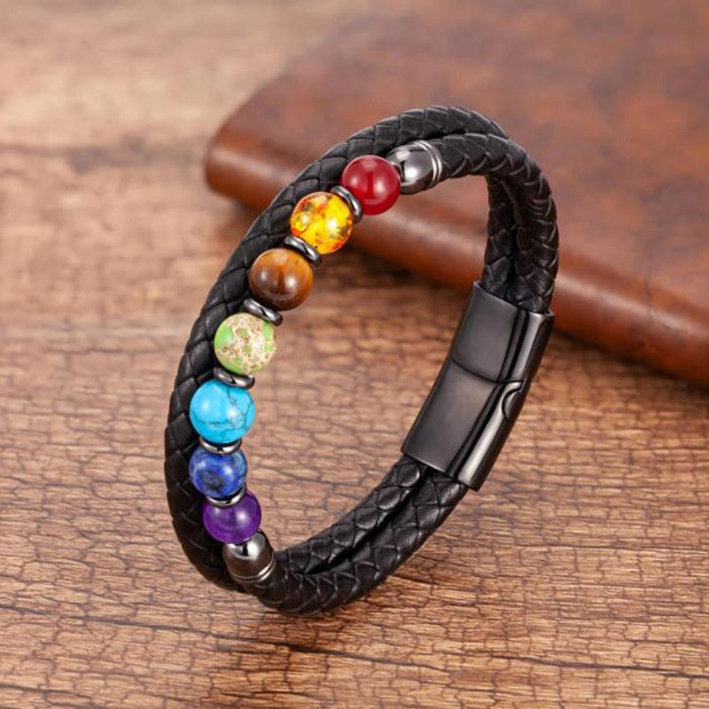 New European And American Fashion Men's Stone Leather Rope Magnetic Snap Beaded Bracelet