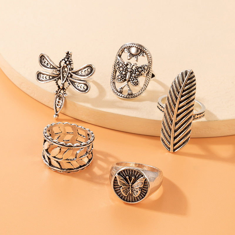 Geometric Leaf Totem Five-piece Ring Set