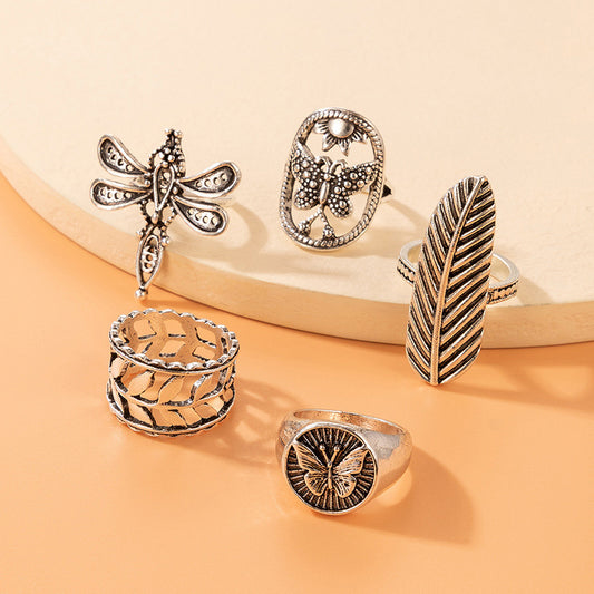 Geometric Leaf Totem Five-piece Ring Set
