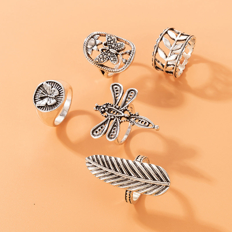 Geometric Leaf Totem Five-piece Ring Set