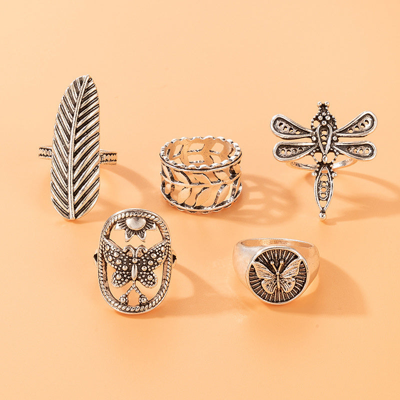 Geometric Leaf Totem Five-piece Ring Set
