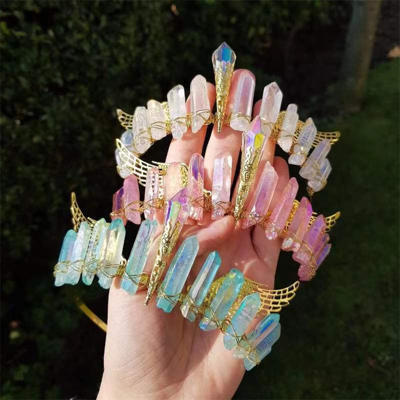 Hand-wound Natural Plated Colorful Crystal Golden Wings Crystal Pillar Bridal Hair Band