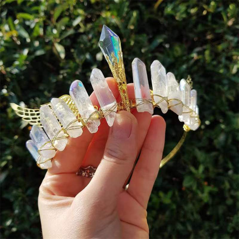 Hand-wound Natural Plated Colorful Crystal Golden Wings Crystal Pillar Bridal Hair Band