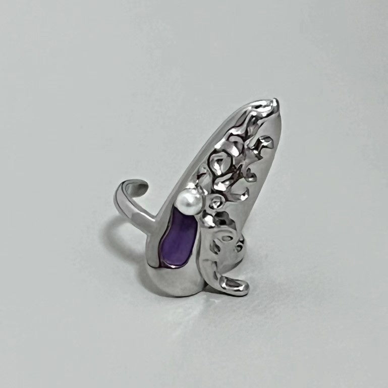 Punk Butterfly Nail Ring Armor Metal Flower Chain Purple Rhinestones Enamel Finger Rings For Women Party Jewelry