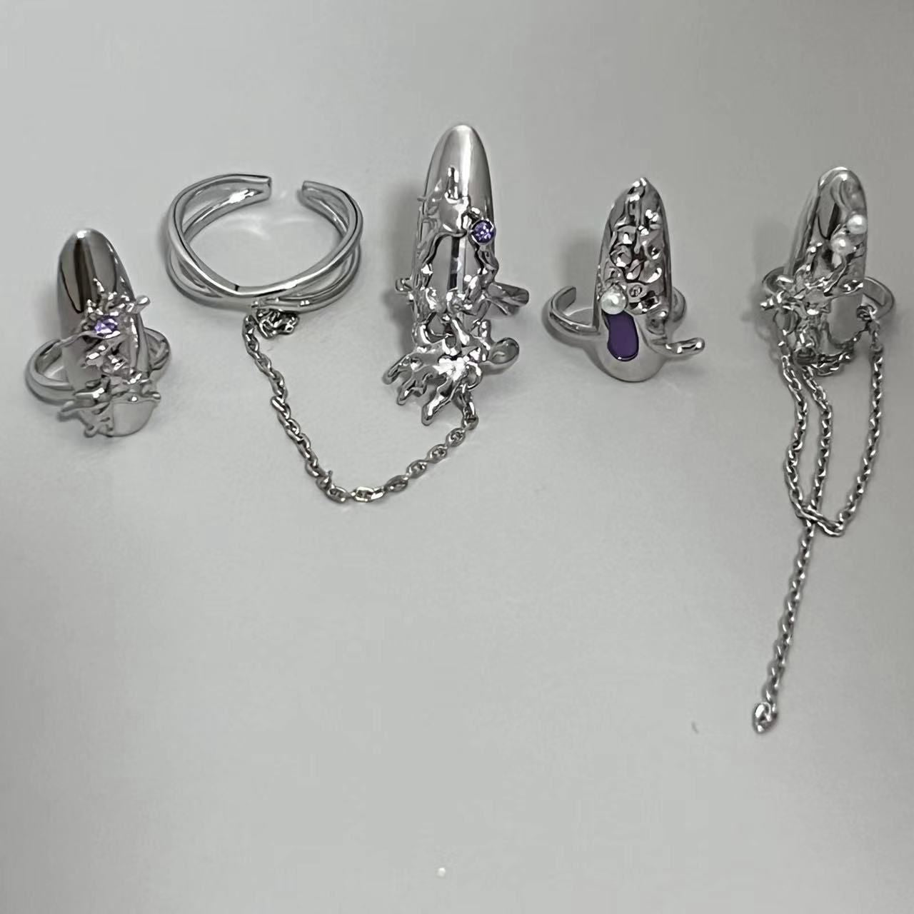 Punk Butterfly Nail Ring Armor Metal Flower Chain Purple Rhinestones Enamel Finger Rings For Women Party Jewelry