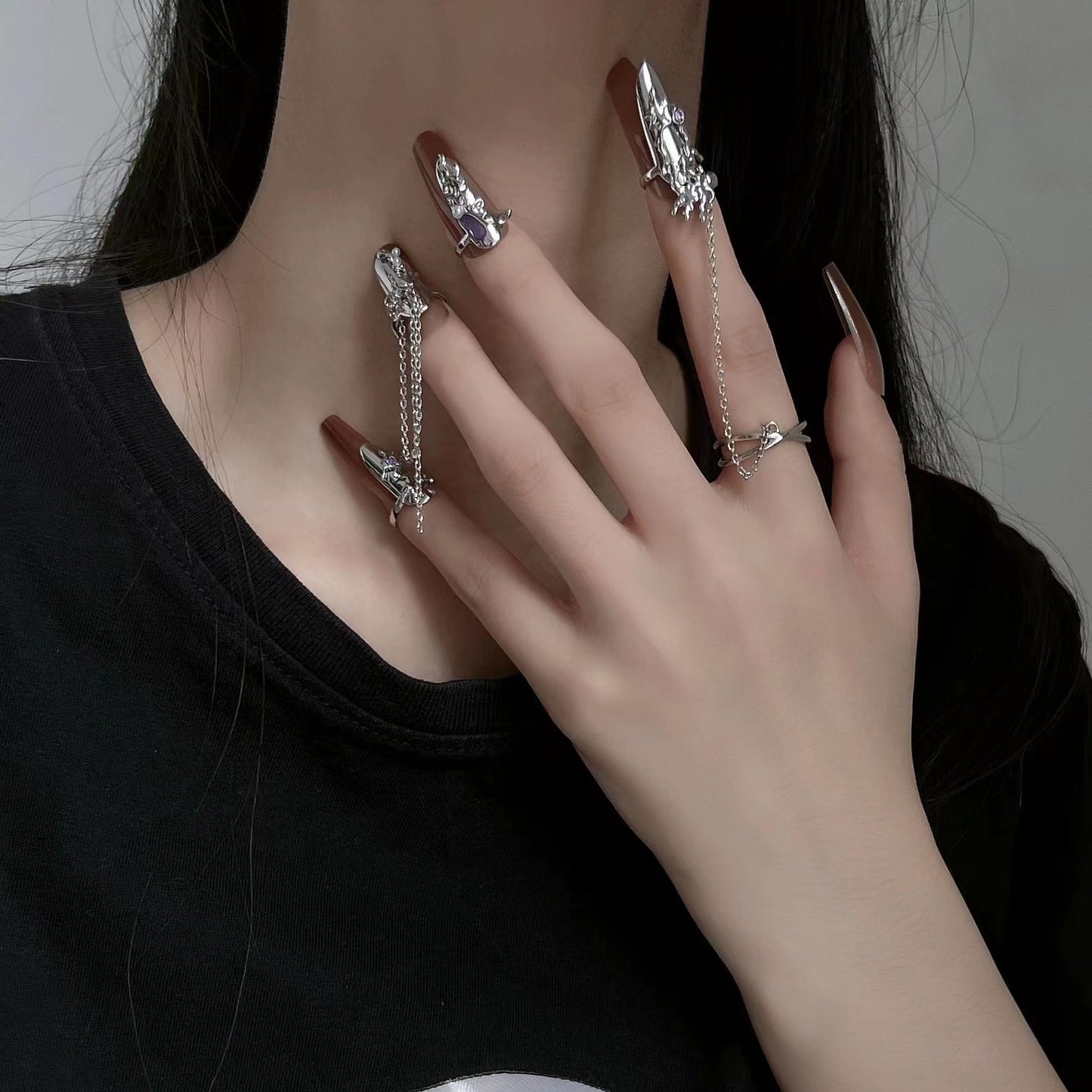 Punk Butterfly Nail Ring Armor Metal Flower Chain Purple Rhinestones Enamel Finger Rings For Women Party Jewelry