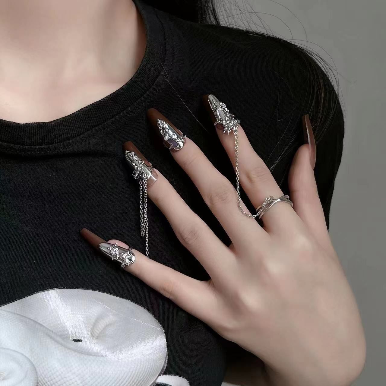 Punk Butterfly Nail Ring Armor Metal Flower Chain Purple Rhinestones Enamel Finger Rings For Women Party Jewelry