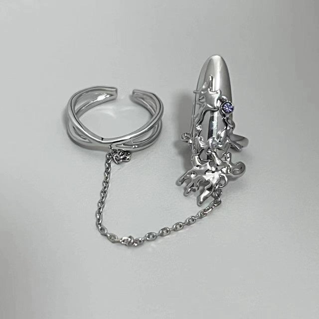 Punk Butterfly Nail Ring Armor Metal Flower Chain Purple Rhinestones Enamel Finger Rings For Women Party Jewelry