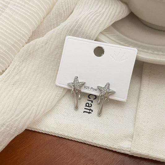 925 Silver Needle Full Diamond Five Pointed Star Tassel Lava Earrings