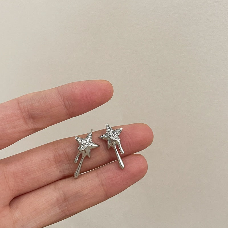 925 Silver Needle Full Diamond Five Pointed Star Tassel Lava Earrings