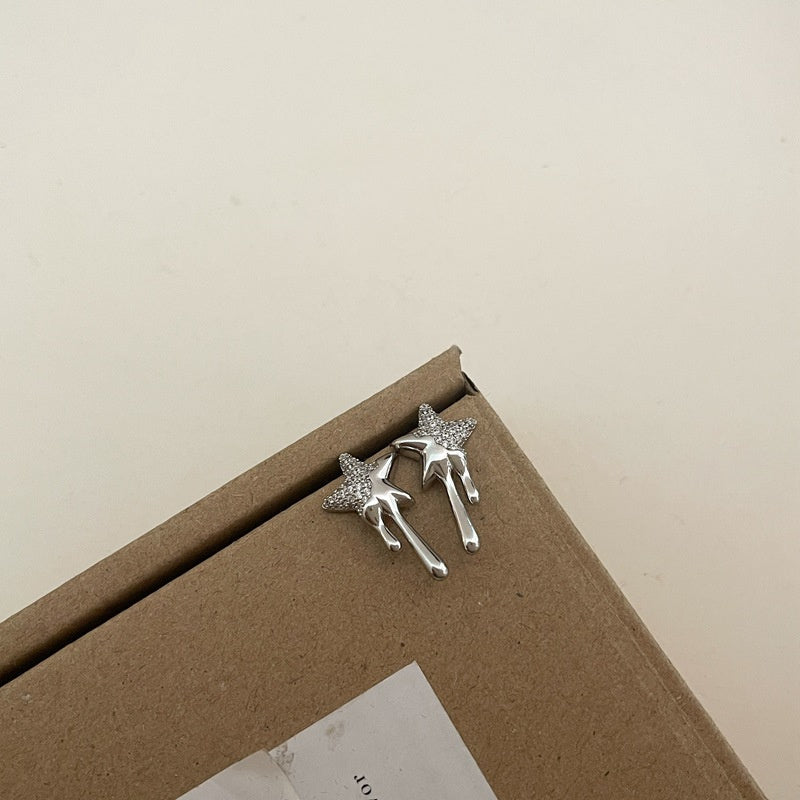 925 Silver Needle Full Diamond Five Pointed Star Tassel Lava Earrings