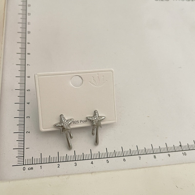 925 Silver Needle Full Diamond Five Pointed Star Tassel Lava Earrings