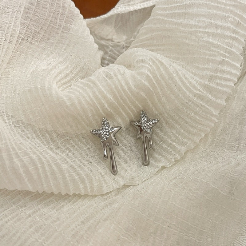 925 Silver Needle Full Diamond Five Pointed Star Tassel Lava Earrings