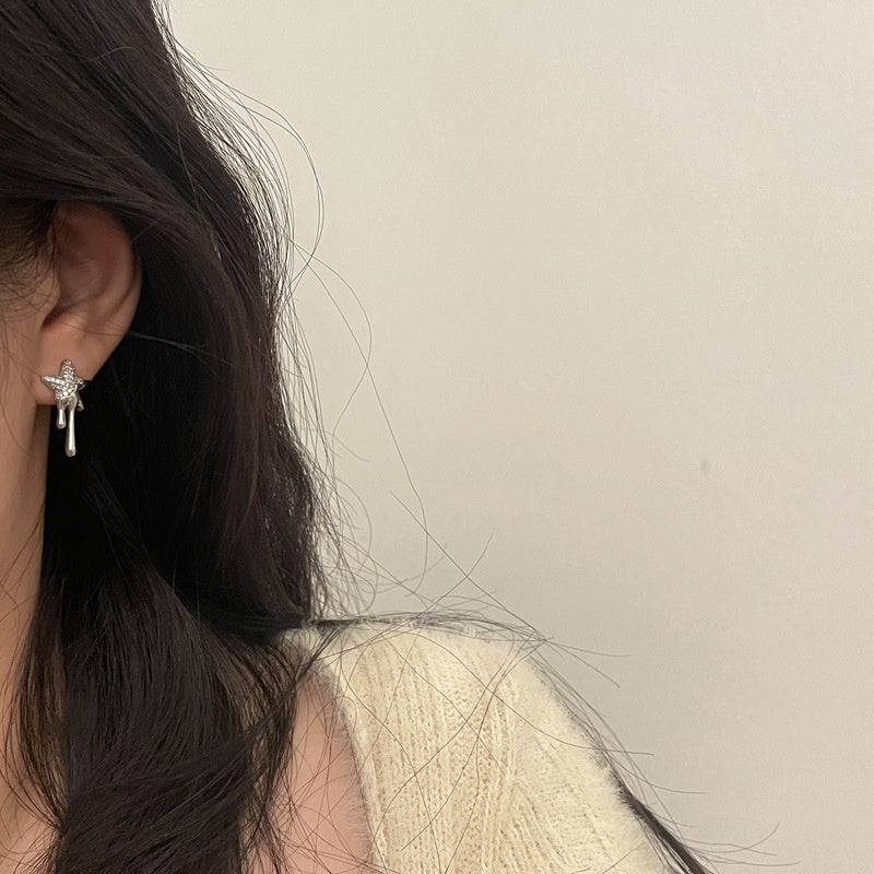 925 Silver Needle Full Diamond Five Pointed Star Tassel Lava Earrings