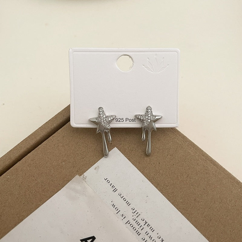 925 Silver Needle Full Diamond Five Pointed Star Tassel Lava Earrings