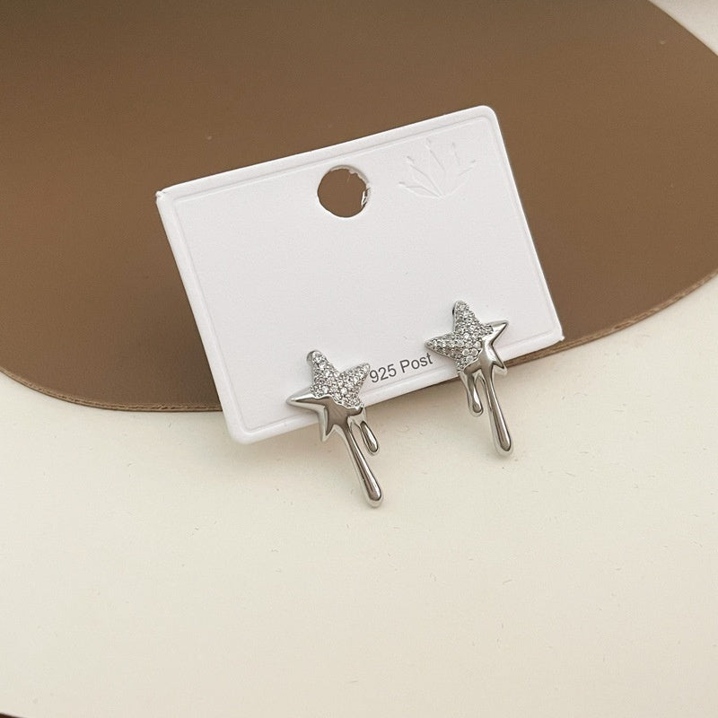 925 Silver Needle Full Diamond Five Pointed Star Tassel Lava Earrings