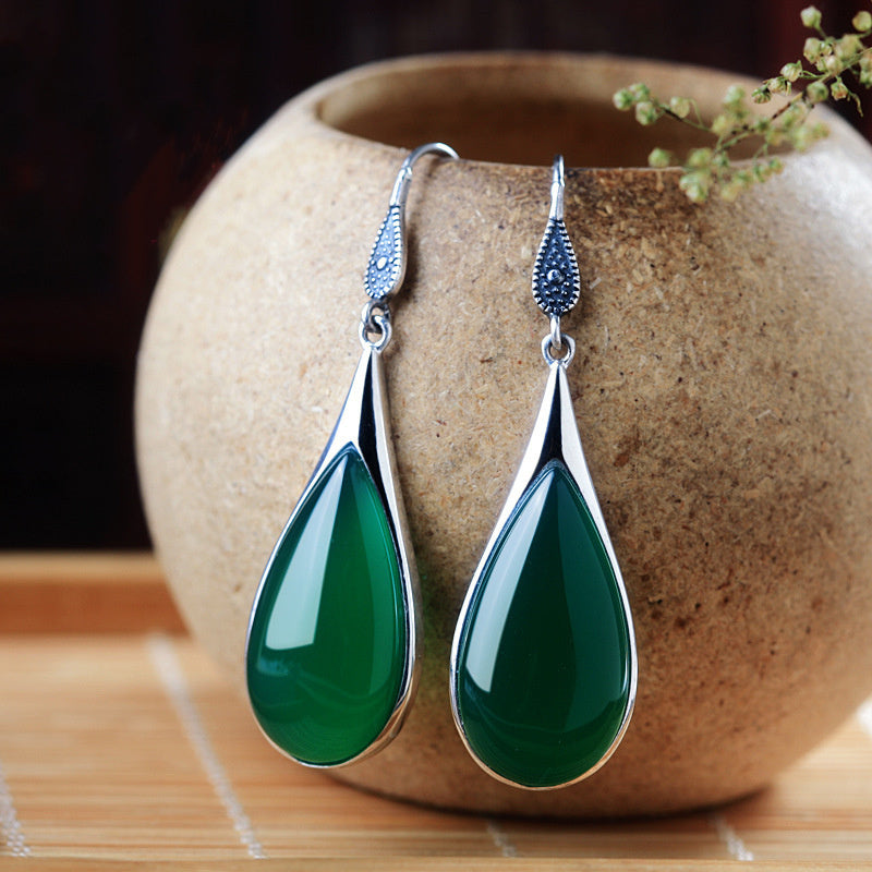 Retro Temperament Chrysoprase Ear Hook Drop-shaped Long
