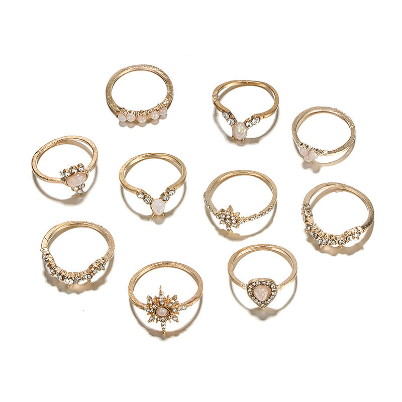 Fashion Elegant Stars Water Drop Diamond Protein Alloy Ring Rings 10-piece Set