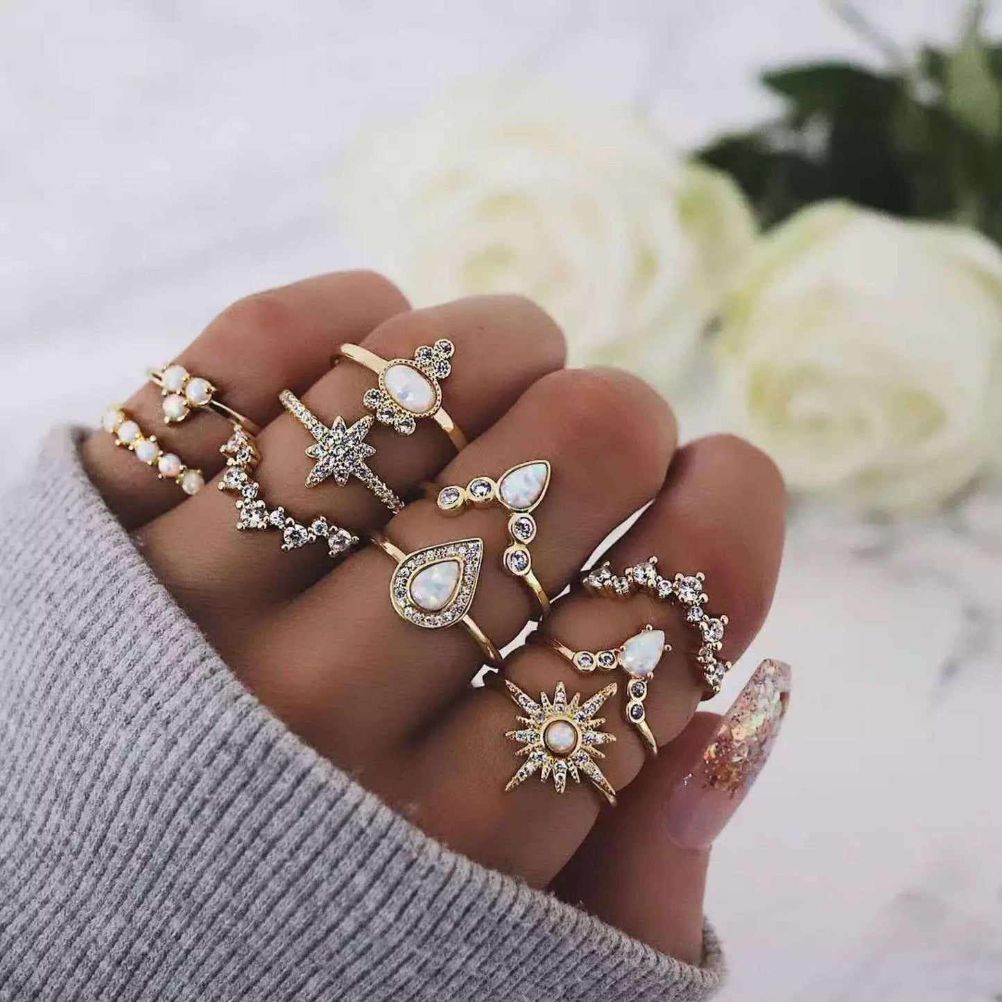Fashion Elegant Stars Water Drop Diamond Protein Alloy Ring Rings 10-piece Set