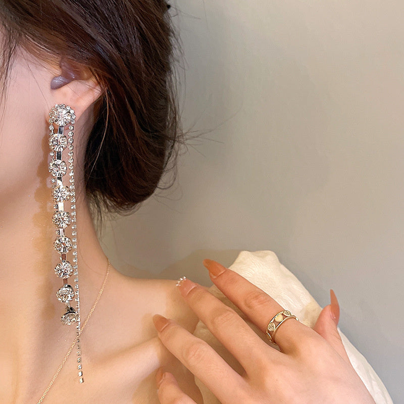 Full Diamond Long Fringe Earrings European And American Fashion Cool High-profile Earrings