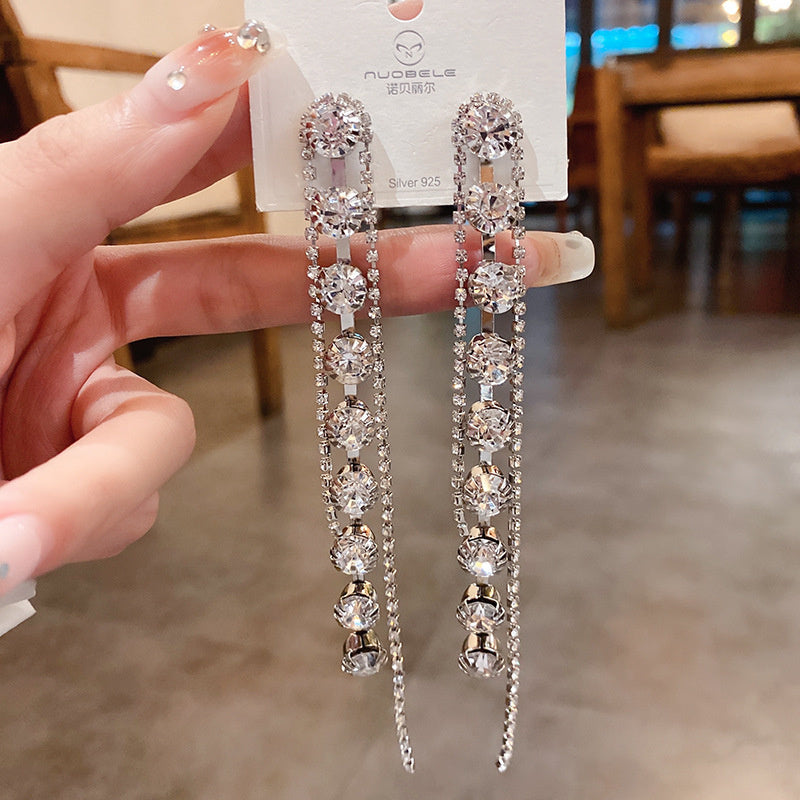 Full Diamond Long Fringe Earrings European And American Fashion Cool High-profile Earrings