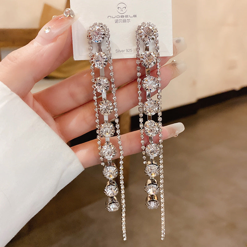 Full Diamond Long Fringe Earrings European And American Fashion Cool High-profile Earrings