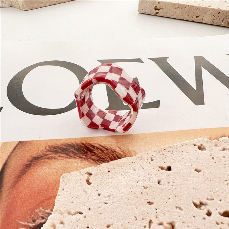 New Wave Personality Simple Chessboard Stitching Candy Color Ring