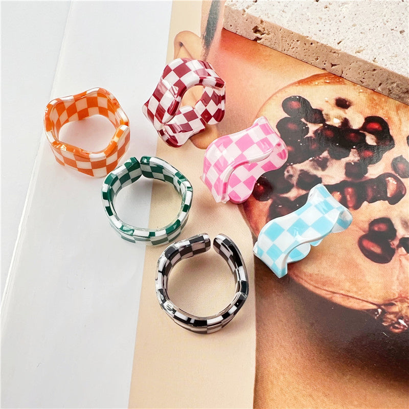 New Wave Personality Simple Chessboard Stitching Candy Color Ring