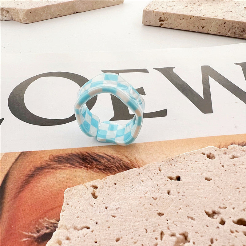 New Wave Personality Simple Chessboard Stitching Candy Color Ring