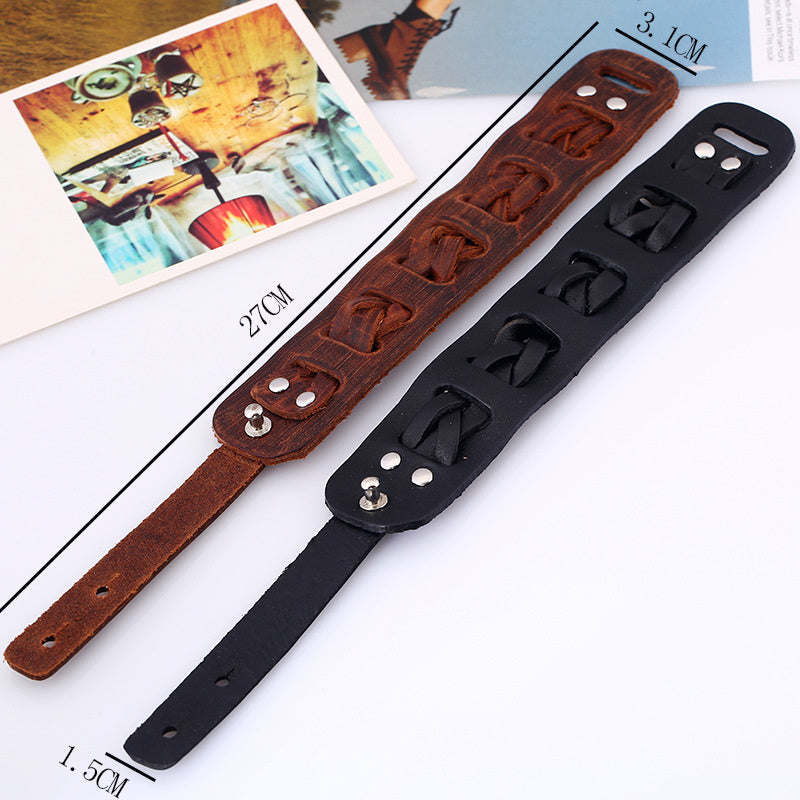 European And American Punk Vintage Men's Wide Leather Cattle Leather Bracelet