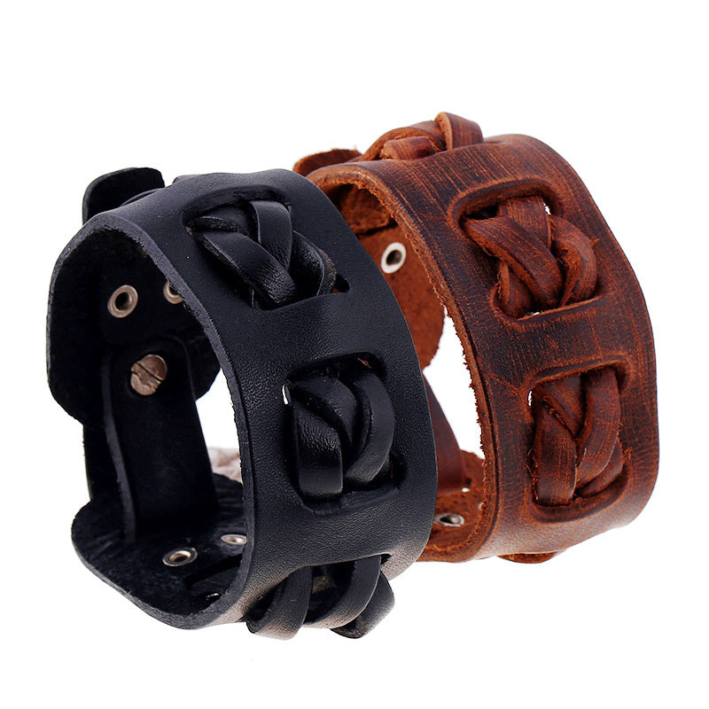 European And American Punk Vintage Men's Wide Leather Cattle Leather Bracelet