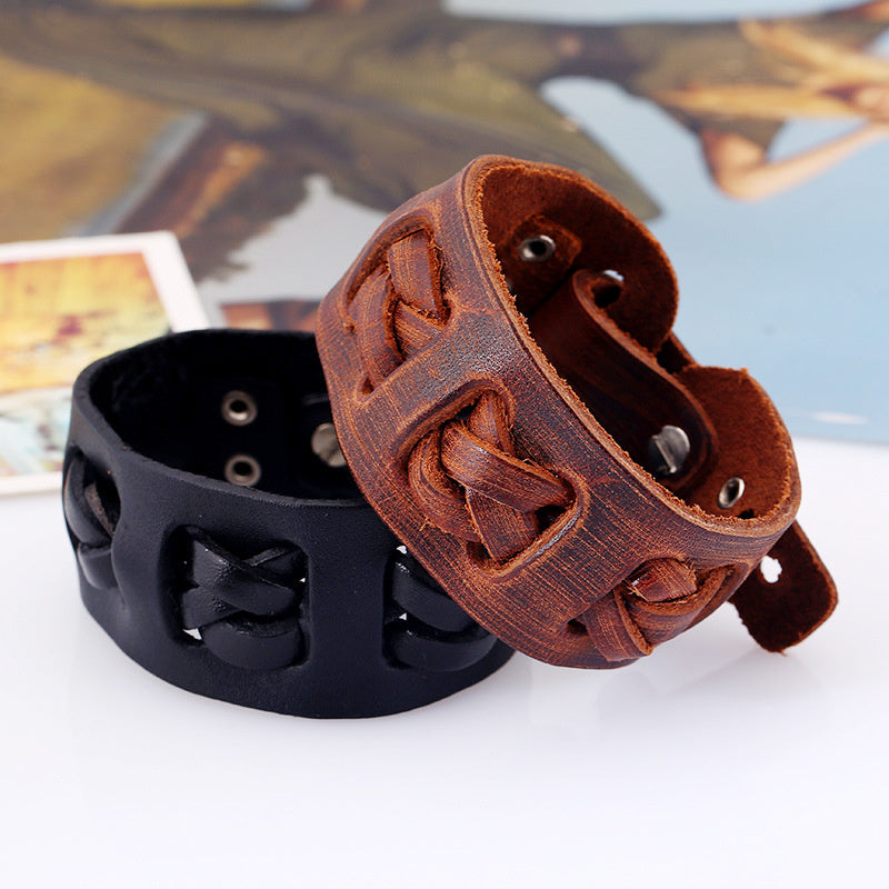 European And American Punk Vintage Men's Wide Leather Cattle Leather Bracelet