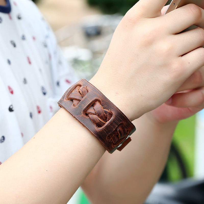 European And American Punk Vintage Men's Wide Leather Cattle Leather Bracelet