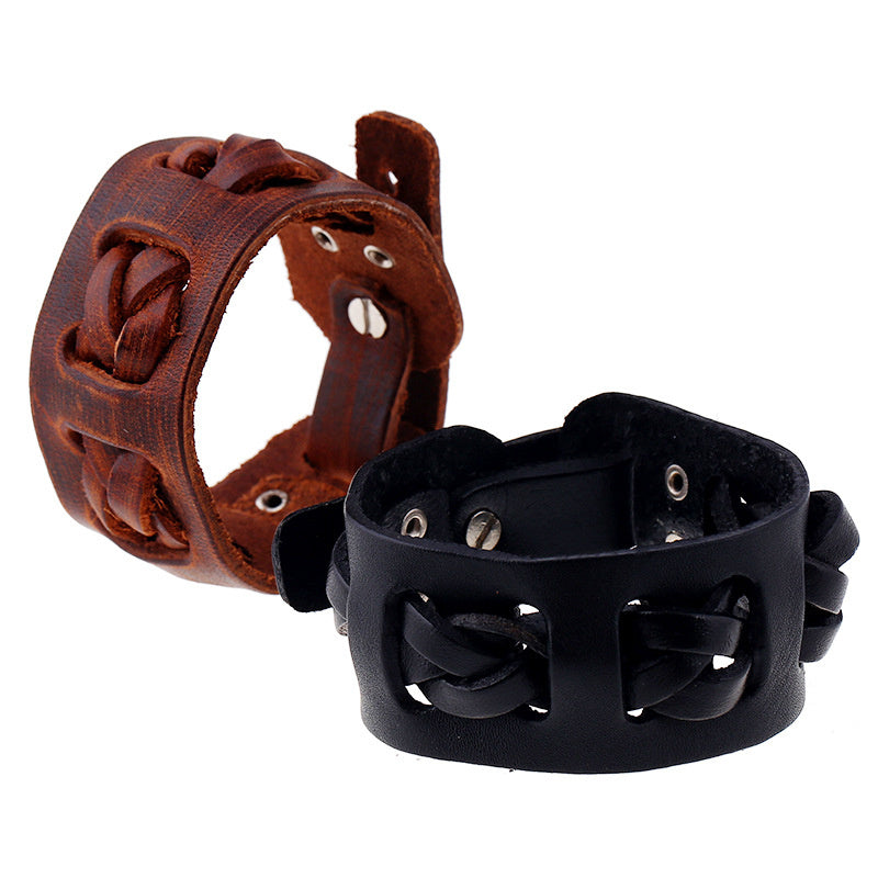 European And American Punk Vintage Men's Wide Leather Cattle Leather Bracelet