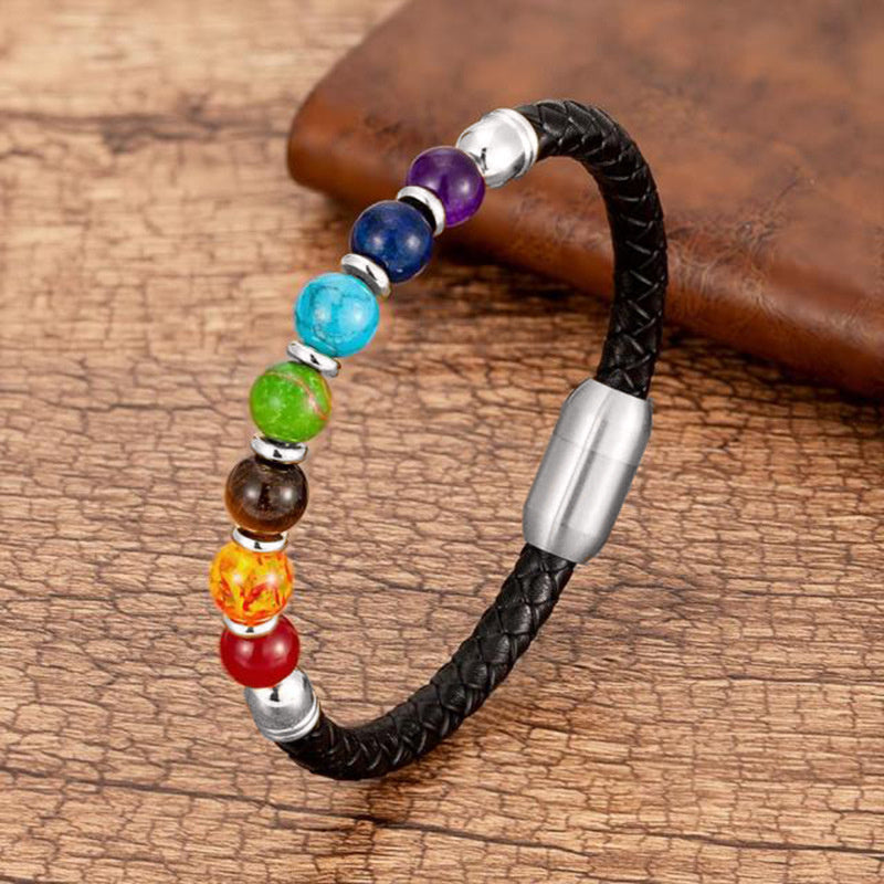 New European And American Fashion Men's Stone Leather Rope Magnetic Snap Beaded Bracelet