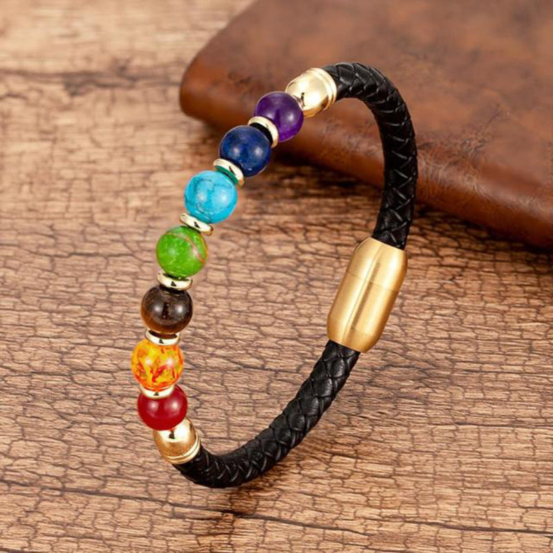 New European And American Fashion Men's Stone Leather Rope Magnetic Snap Beaded Bracelet