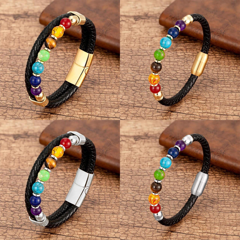 New European And American Fashion Men's Stone Leather Rope Magnetic Snap Beaded Bracelet