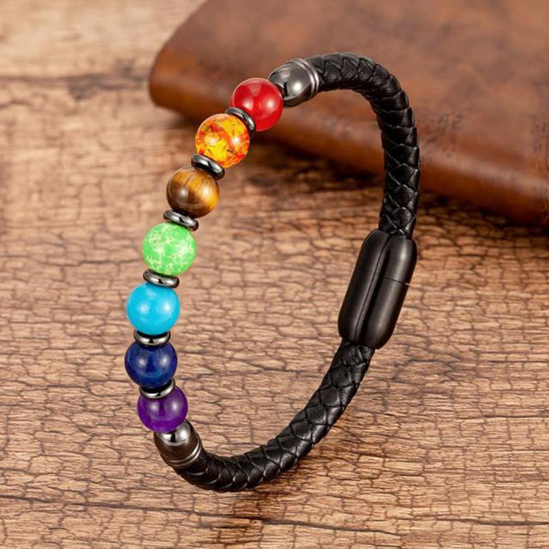 New European And American Fashion Men's Stone Leather Rope Magnetic Snap Beaded Bracelet