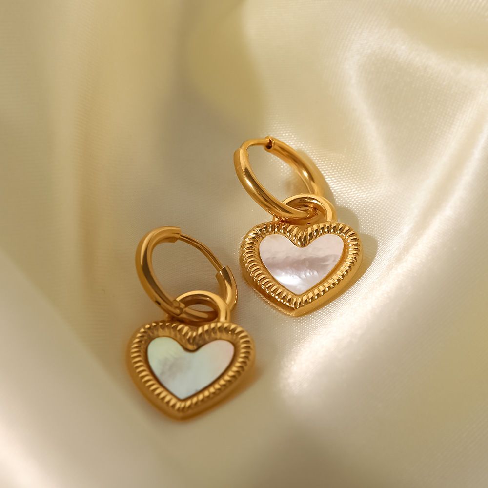 White Natural Shell Heart-shaped Lock Design Pendant Earrings
