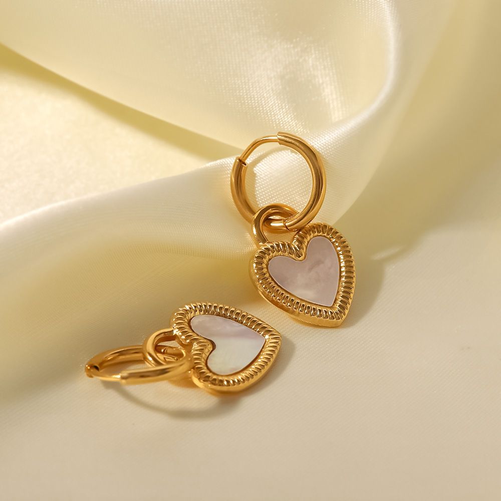 White Natural Shell Heart-shaped Lock Design Pendant Earrings