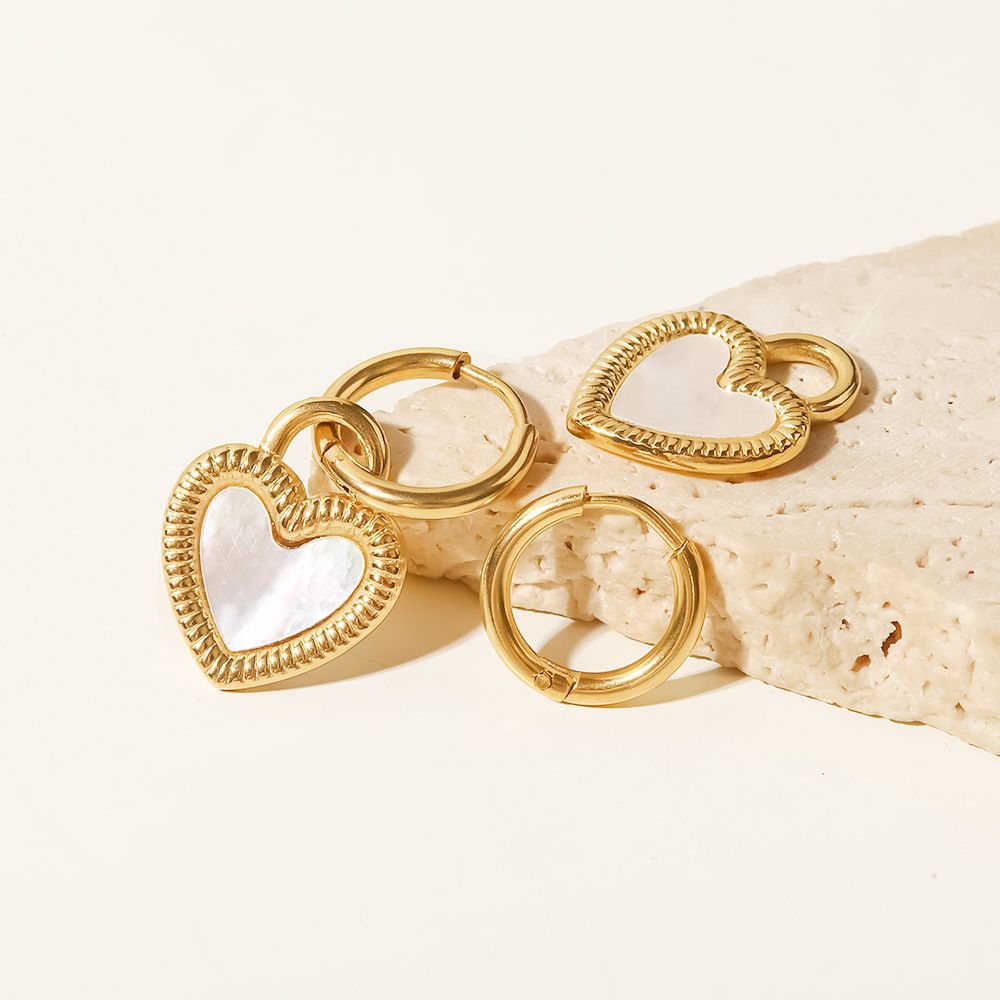 White Natural Shell Heart-shaped Lock Design Pendant Earrings