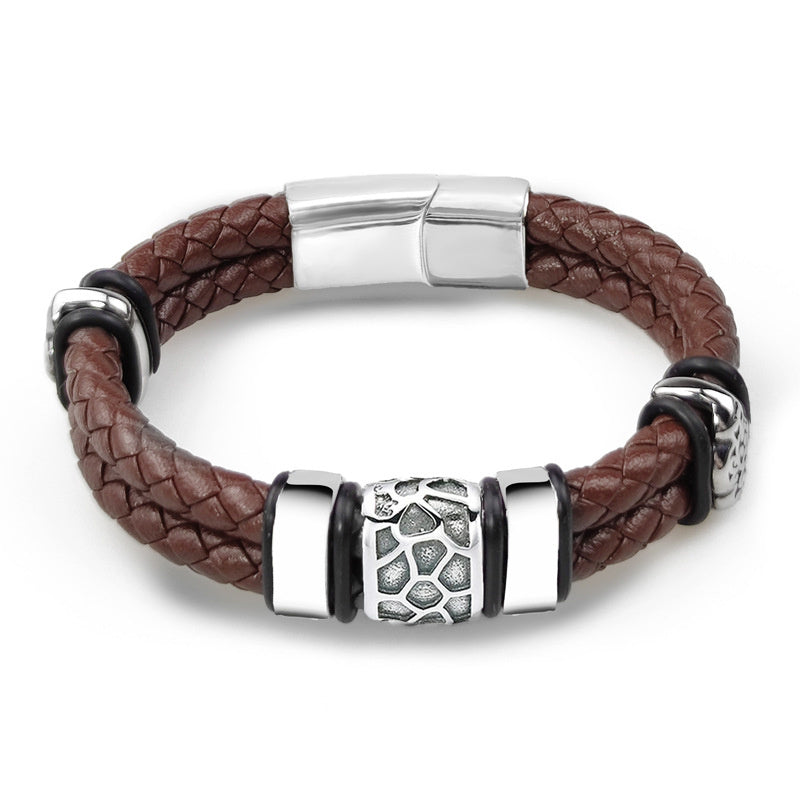 Fashion New Men's Minimalist Creative Vintage Genuine Leather Stainless Steel Bracelet