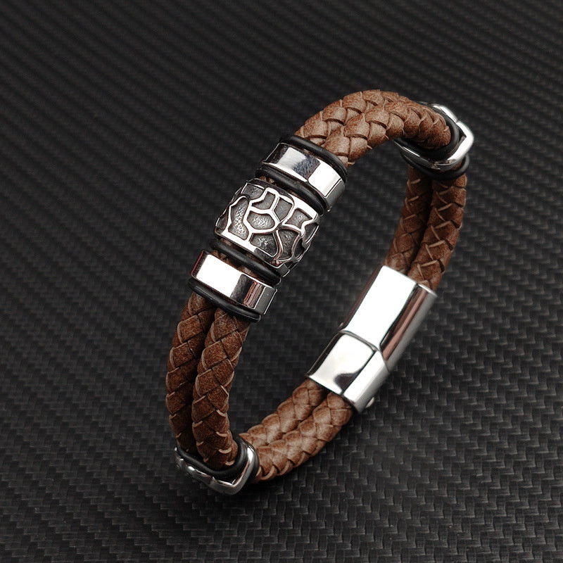 Fashion New Men's Minimalist Creative Vintage Genuine Leather Stainless Steel Bracelet