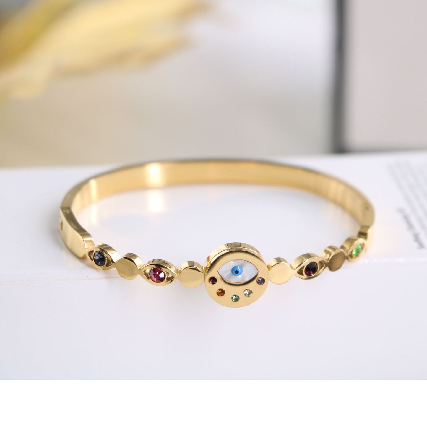 Colorful Diamond Inlaid Blue Eye Element Stately Titanium Steel Bracelet Female