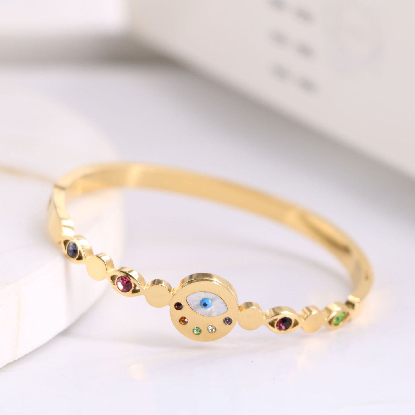 Colorful Diamond Inlaid Blue Eye Element Stately Titanium Steel Bracelet Female