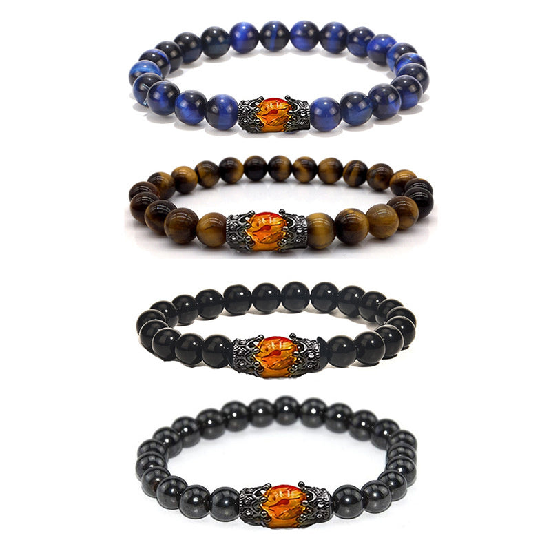 Obsidian Tigereye White-barked Pine Vintage Alloy Crown Bracelet European And American Men And Women Beaded Bracelet