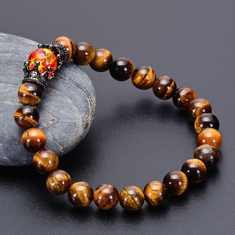 Obsidian Tigereye White-barked Pine Vintage Alloy Crown Bracelet European And American Men And Women Beaded Bracelet